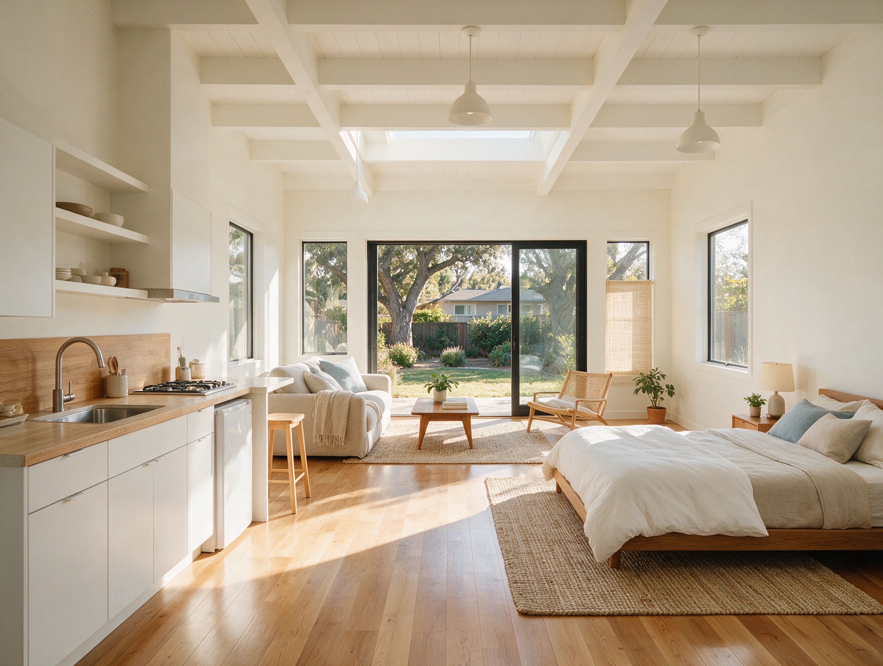 Bright ADU interior kitchenette and living space