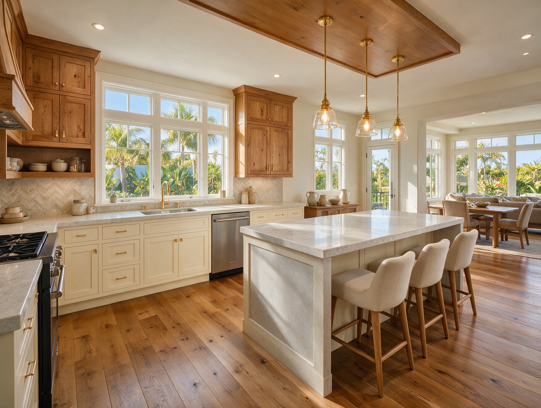 Warm transitional kitchen with wood cabinetry